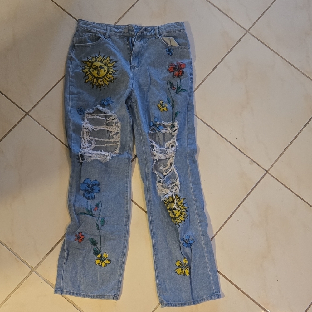 SHEIN Blue and Yellow Straight Leg Jeans with Floral Embellishments